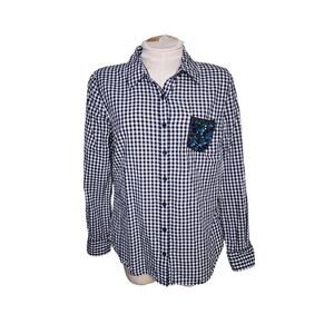 Crown & Ivy Navy Plaid‎ Embellished Long Sleeve Button Front Shirt Size M